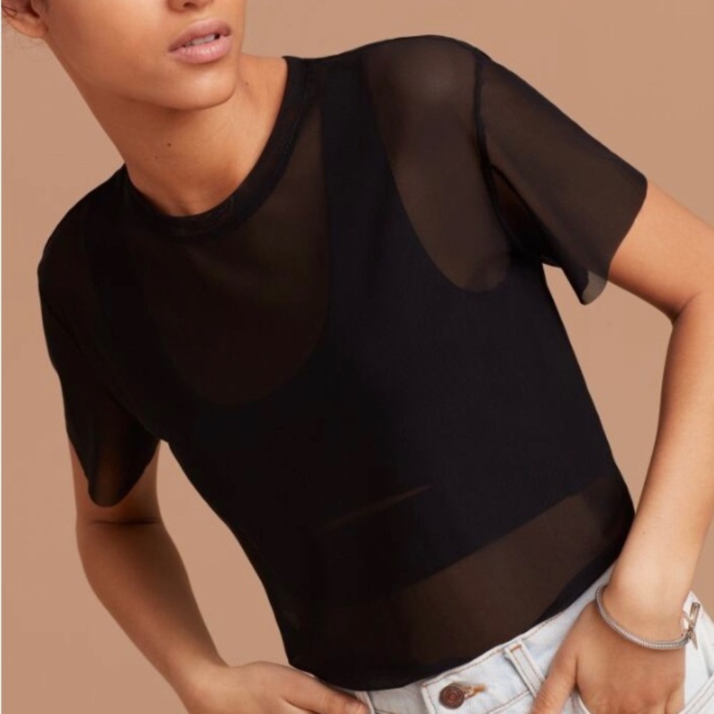 Aritzia Wilfred Free Charcoal Grey Sheer Mesh Raw Hem T Shirt Size S